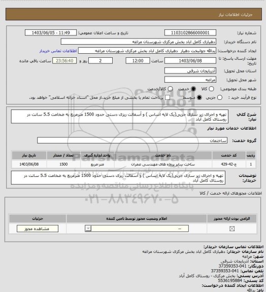 استعلام تهیه و اجرای زیر سازی جزیی(یک لایه اساس ) و آسفالت ریزی دستی حدود 1500 مترمربع به ضخامت 5.5 سانت در  روستای کامل آباد