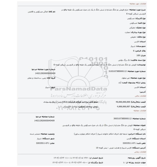 مزایده، فروش دو دانگ مشاع از شش دانگ از یک باب منزل مسکونی یک طبقه واقع در قدوسی شرقی کوچه 6