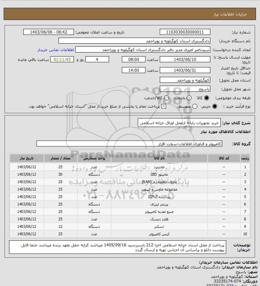 استعلام خرید تجهیزات رایانه ازمحل اوراق خزانه اسلامی