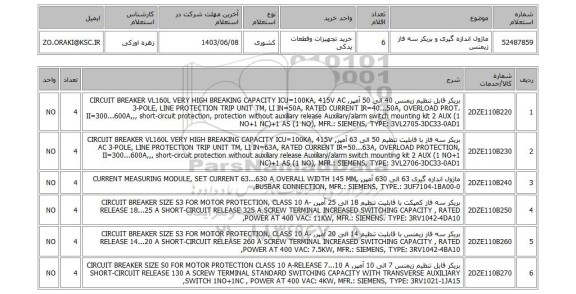 استعلام ماژول اندازه گیری و بریکر سه فاز زیمنس