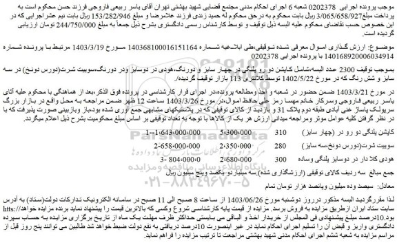 مزایده فروش  2300 عدد البسه،شامل کاپشن دو رو پلنگی در چهار سایز و دورنگ