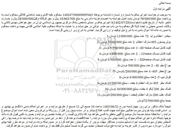 مزایده فروش سیلندر اعظام پراید  72 عدد  و..