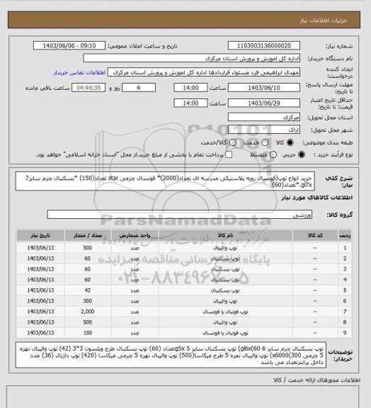 استعلام خرید انواع توپ(فوتسال رویه پلاستیکی مدرسه ای تعداد(2000)* فوتسال چرمی star تعداد(150) *بسکتبال چرم سایز7 gl7x،*تعداد(60)