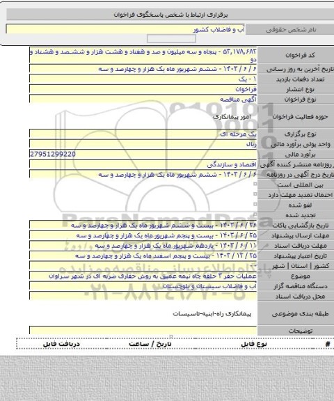 مناقصه, عملیات حفر ۳ حلقه چاه نیمه عمیق به روش حفاری ضربه ای در شهر سراوان