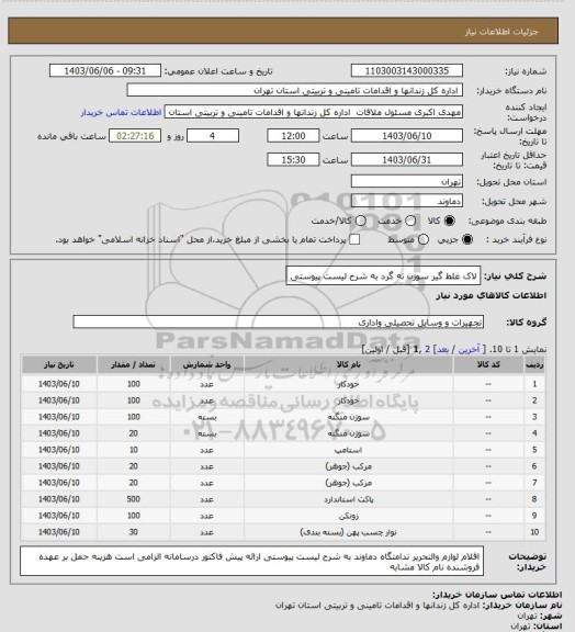 استعلام  لاک غلط گیر سوزن ته گرد به شرح لیست پیوستی