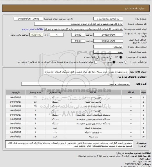 استعلام خرید تجهیزات دوربین مدار بسته اداره کل بنیاد شهید و امور ایثارگران استان خوزستان