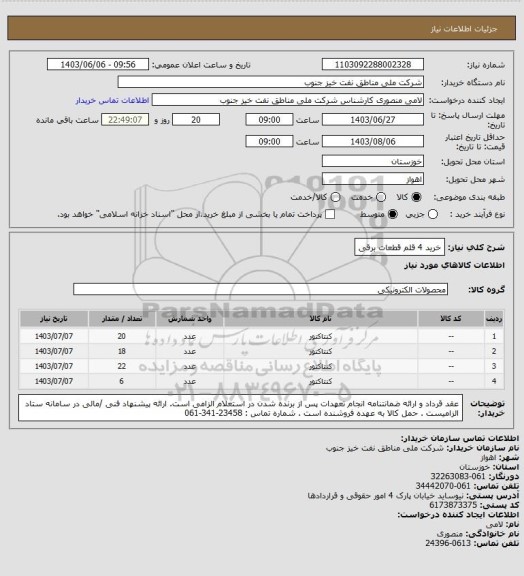 استعلام خرید 4 قلم قطعات برقی