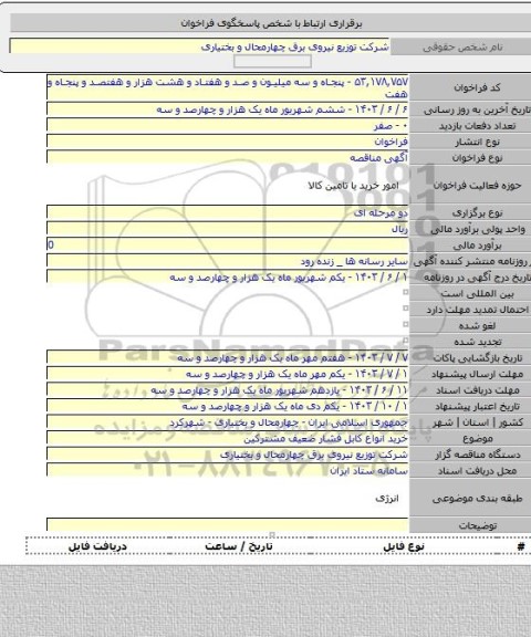 مناقصه, خرید انواع کابل فشار ضعیف مشترکین