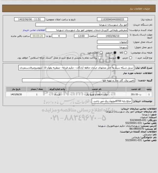 استعلام تبدیل شبکه سیم به کابل محلهای خیابان حافظ- آزادگان - حکیم فرزانه - منظریه بطول 10 کیلومتروصرفادستمزدی