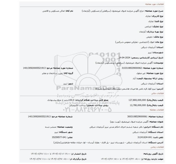 مزایده، آگهـی مـزایده امـوال غیرمنقـول (سرقفلی) و مسکونی (آپارتمان)