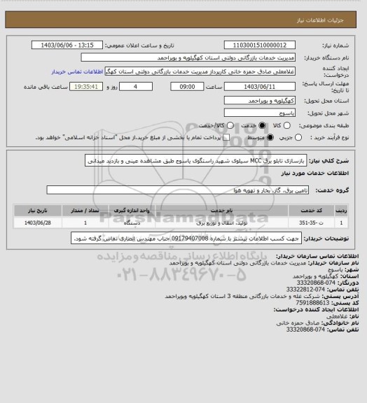 استعلام بازسازی تابلو برق MCC سیلوی شهید راستگوی یاسوج طبق مشاهده عینی و بازدید میدانی