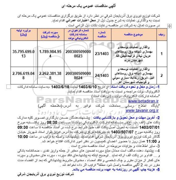 مناقصه واگذاری عملیات توسعه و بهسازی شبکه برق روستاهای ....