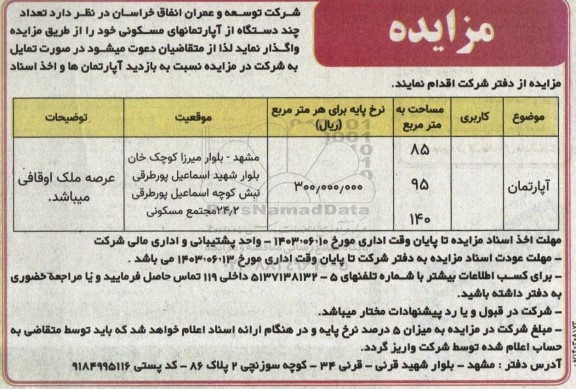 مزایده واگذاری تعداد چند دستگاه از آپارتمانهای مسکونی