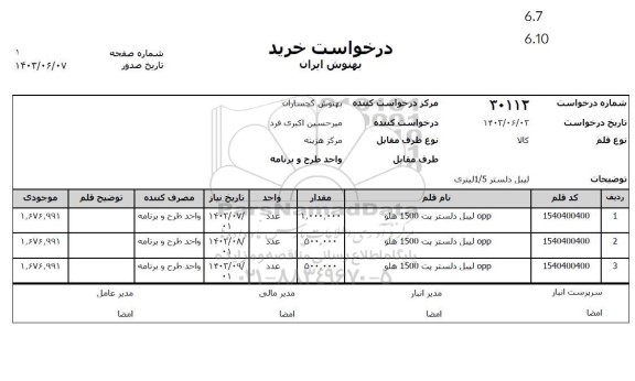 استعلام OPP لیبل دلستر پت 1500 هلو 