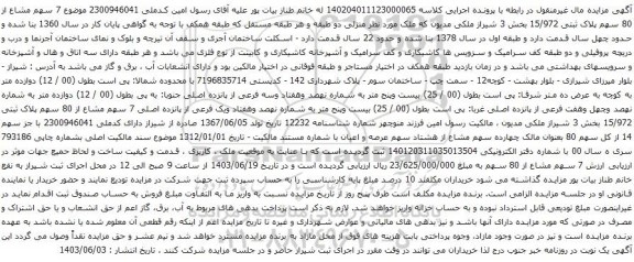 آگهی مزایده 7 سهم مشاع از 80 سهم پلاک ثبتی 15/972 بخش 3 