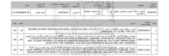 استعلام لامپ سیگنال نئونی و مهتابی دوقلو 220 ولت