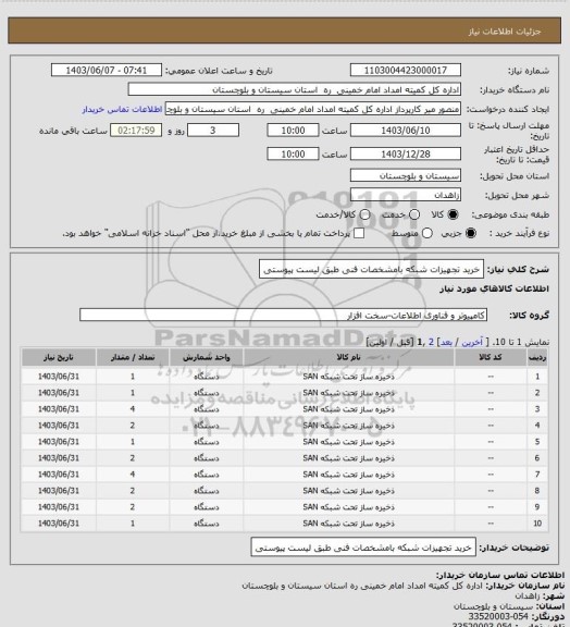 استعلام خرید تجهیزات شبکه بامشخصات فنی طبق لیست پیوستی