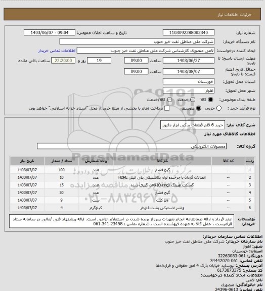 استعلام خرید 6 قلم قطعات یدکی ابزار دقیق