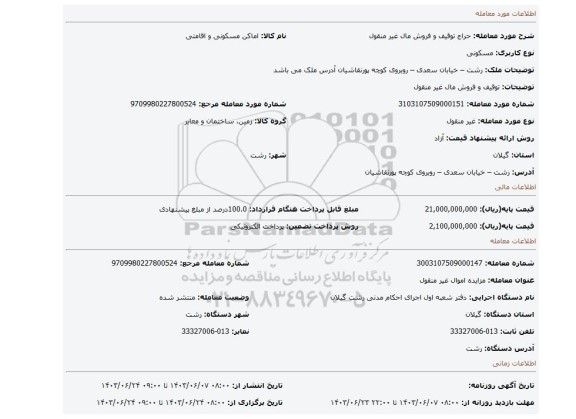 مزایده، توقیف و فروش مال غیر منقول