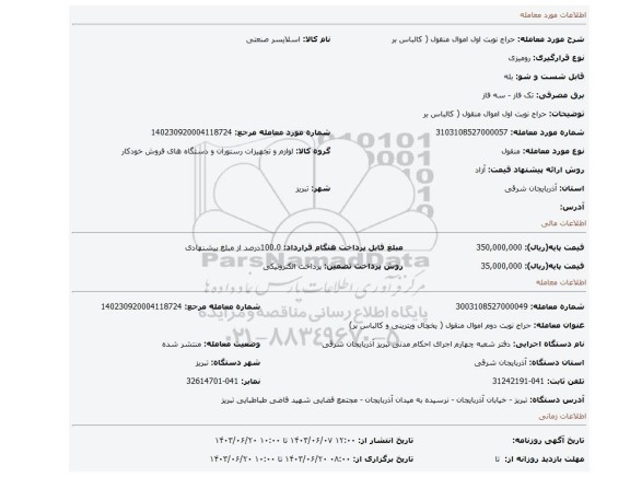 مزایده، حراج نوبت اول اموال منقول ( کالباس بر