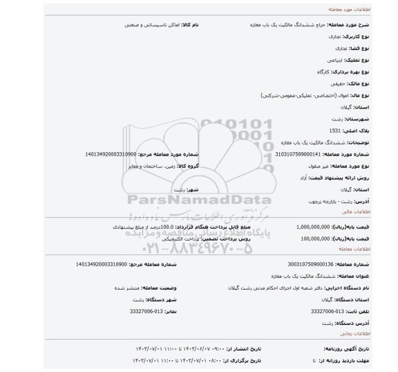 مزایده، ششدانگ  مالکیت یک باب مغازه