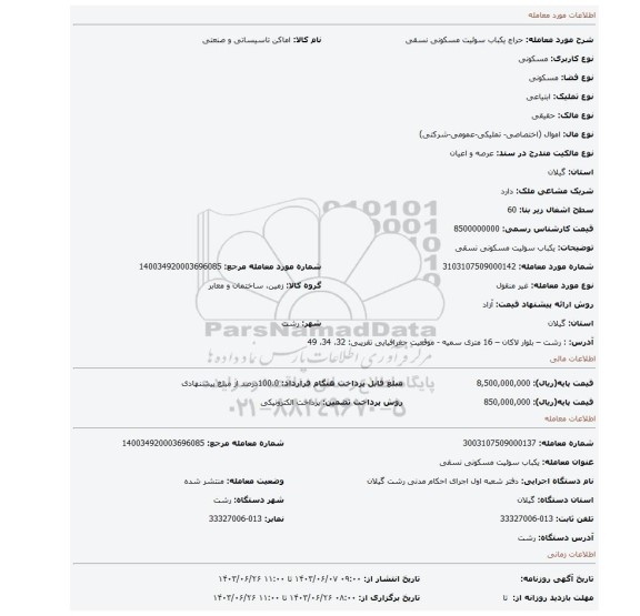 مزایده، یکباب سوئیت مسکونی نسقی