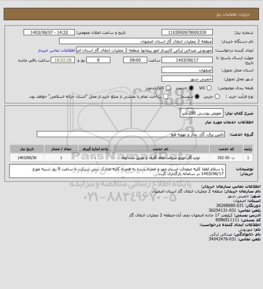 استعلام تعویض پوشش 250 متر