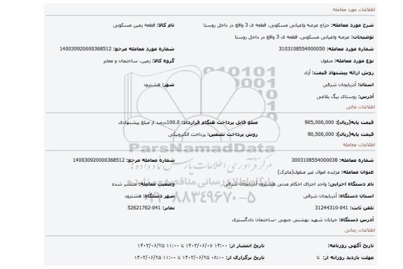 مزایده، عرصه واعیانی مسکونی، قطعه ی 3 واقع در داخل روستا