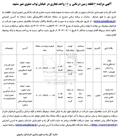 آگهی مزایده 3 قطعه زمین درمانی و 12 واحد تجاری