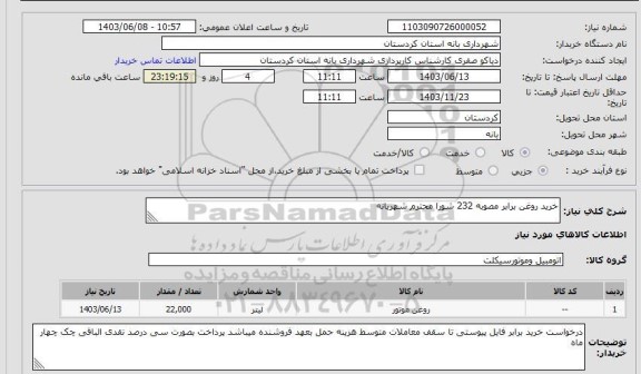 استعلام خرید روغن برابر مصوبه 232 شورا محترم شهربانه