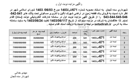 مزایده  فروش یک پلاک زمین در اراضی شهرک نگین