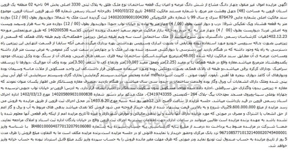 آگهی مزایده چهار دانگ مشاع از شش دانگ عرصه و اعیان یک قطعه ساختمان نوع ملک طلق به پلاک ثبتی 3330 اصلی بخش 04 ناحیه 02