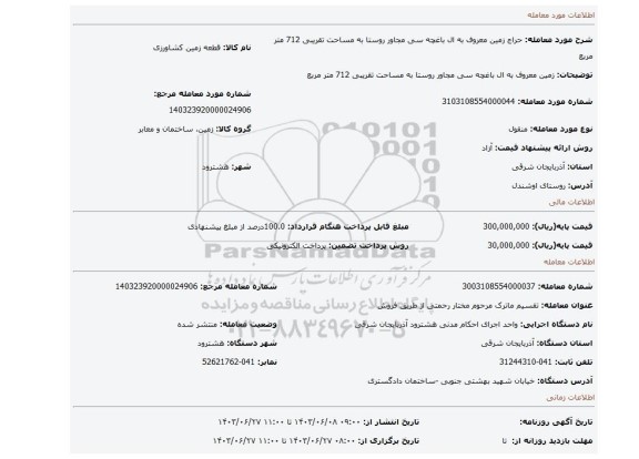 مزایده، زمین معروف به ال باغچه سی مجاور روستا به مساحت تقریبی 712 متر مربع