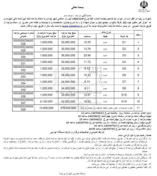 مزایده  10 غرفه واقع در مجتمع تجاری میدان شهداء تجدید نوبت دوم 