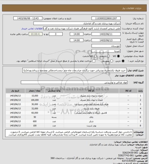 استعلام خرید ظروف یکبارمصرف وپذیرائی جهت برگزاری مراسمات ماه صفر درمساجدملکی ومجتمع سیدالشهداء(ع)