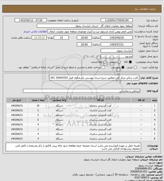 استعلام کارت یدکی مرکز تلفن مطابق شرح اسناد پیوستی
 پاسخگوی فنی  33004333 051