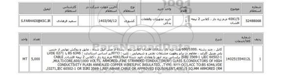 استعلام 40X1/5 م.م زره دار ، کلاس 2 نیمه افشان