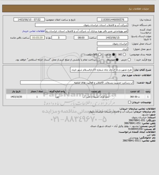 استعلام طرح تجهیز و راه اندازی چاه شماره 10دارالسلام شهر تایباد