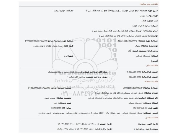 مزایده، فروش خودروی سواری پژو 206 هاچ بک مدل1398 تیپ 2