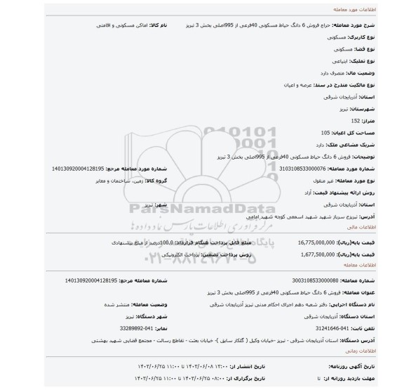 مزایده، فروش 6 دانگ حیاط مسکونی 40فرعی از 995اصلی بخش 3 تبریز