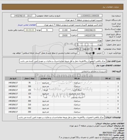 استعلام مرکز رفاهی=تعمیرات پ8-هزینه حمل و نقل وبیمه مفاصاحساب و مالیات بر عهده تامین کننده می باشد