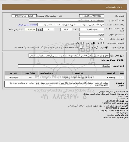 استعلام حمل و قیر پاشی و پخش 300 تن آسفالت توپکا 012 بصورت دستی در معابر سطح شهر خنداب