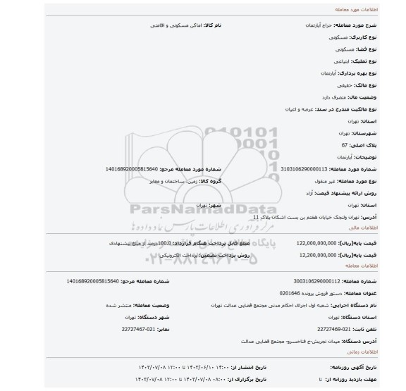 مزایده، آپارتمان