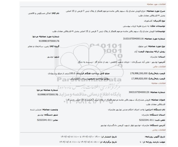 مزایده، فروش  مشاع یک سهم باقی مانده مرحوم قلمکار از پلاک ثبتی 7 فرعی از 15 اصلی بخش 4 قشلاقی معادل طلب