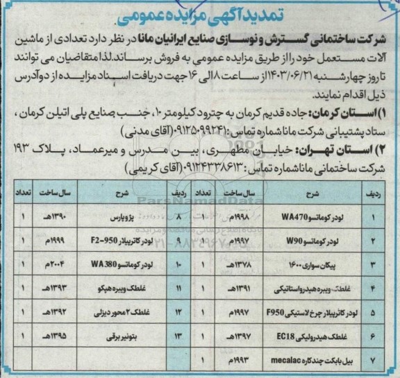 مزایده فروش تعدادی از ماشین آلات مستعمل تمدید 