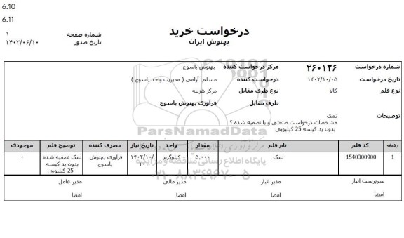 استعلام خرید نمک