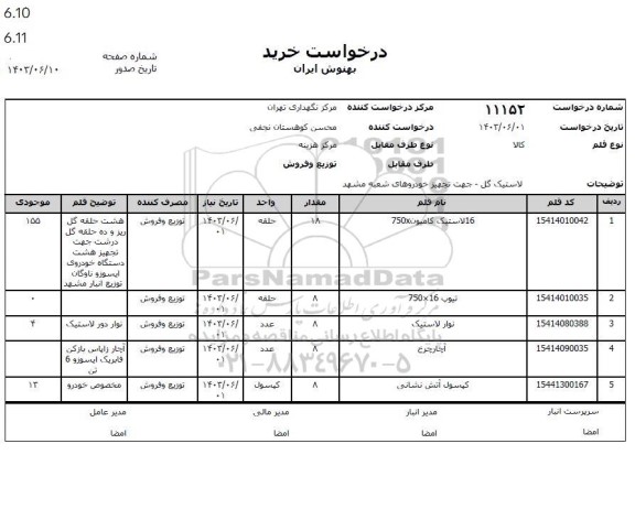 استعلام لاستیک گل - جهت تجهیز خودروهای ...