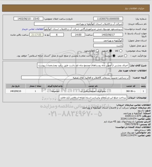 استعلام اجرای بخشی از تجهیز چاه روستاهای مجتمع چاه تلخ باشت طبق برآورد ومشخصات پیوست