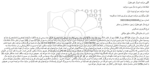 مزایده فروش میزان 87/24 سهم از 100 سهم از شش دانگ ملک