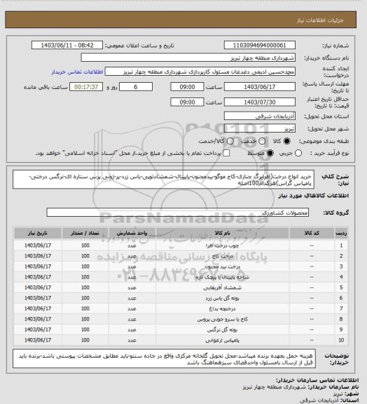 استعلام خرید انواع درخت(افرابرگ چناری-کاج موگو-بیدمجنون-پاپیتال-شمشادتوپی-یاس زرد-پر-ژونی پرس ستاره ای-نرگس درختی-پامپاس گراس)هرکدام100اصله